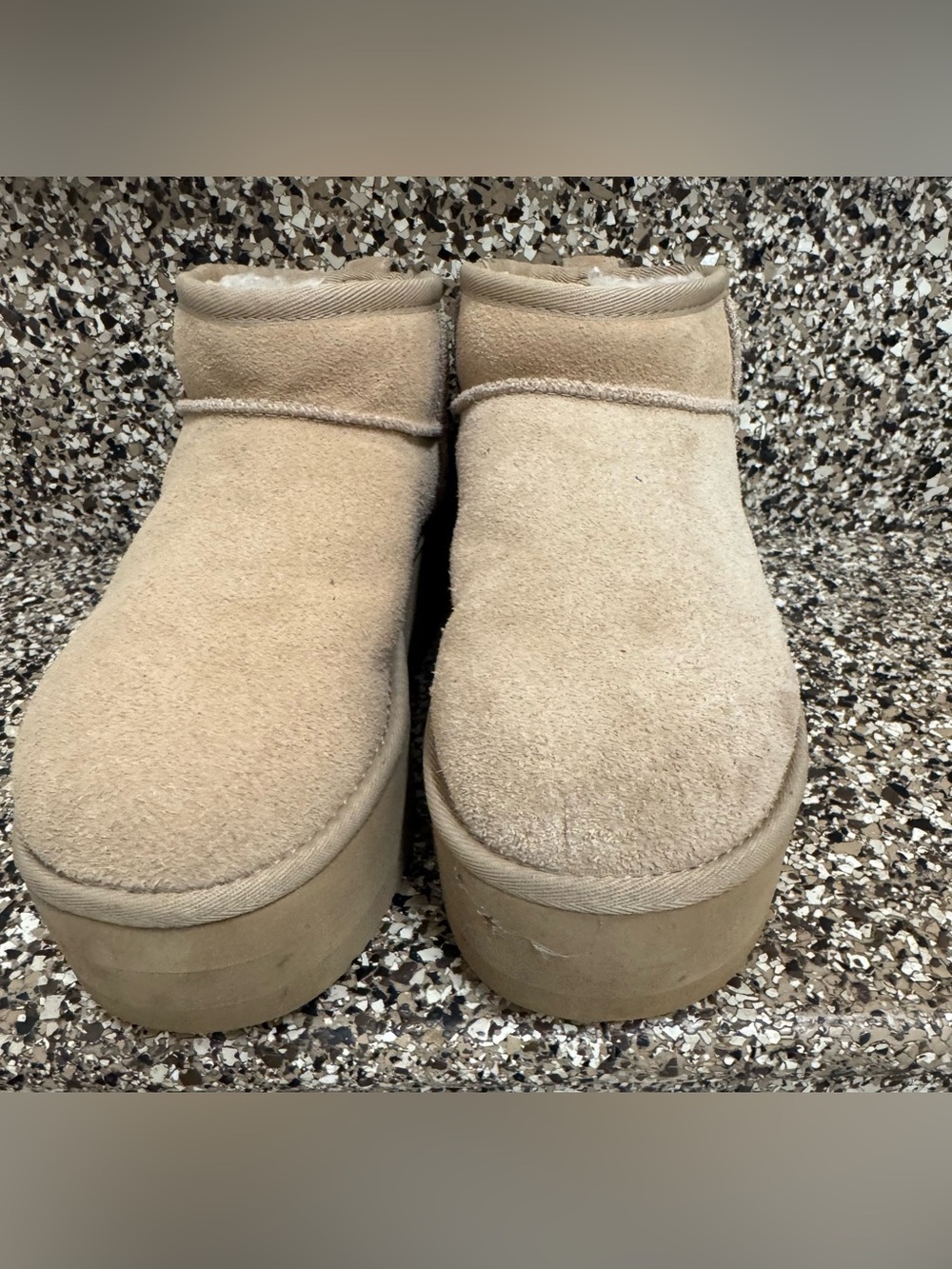 These are UGG Classic Ultra Mini Platform boots in a sand suede color size 6 - Picture 2 of 5